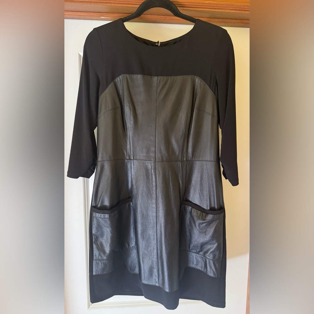 Laundry by Shelli Segal Black Leather Panel Dress with Pockets Size 10